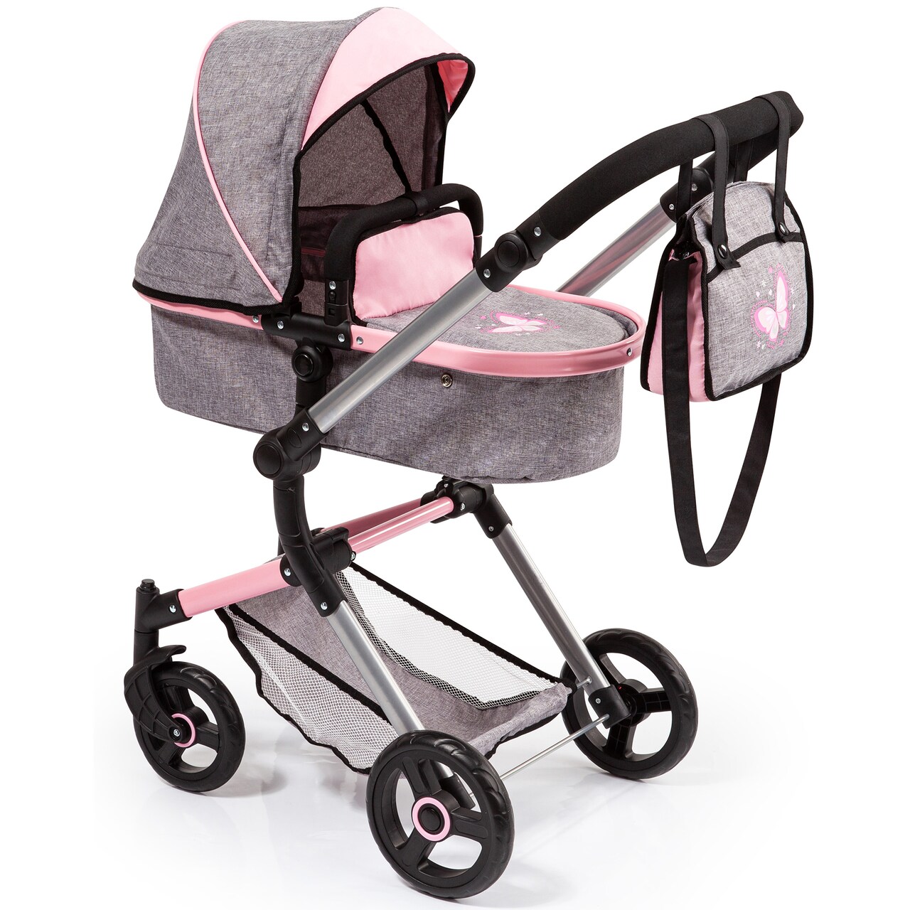 Bayer: Versatile Pram City Vario Stroller - Gray & Pink Butterfly for Dolls Up To 20" with Adjustable Handle and Reversible Functionality, Kids 3+